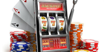 Online casino concept. Mobile phone, slot machine, dice and cards. 3d