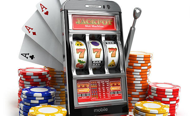 Online casino concept. Mobile phone, slot machine, dice and cards. 3d
