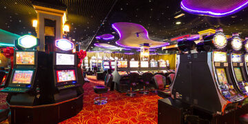 A Slot machines room in an empty Casino.