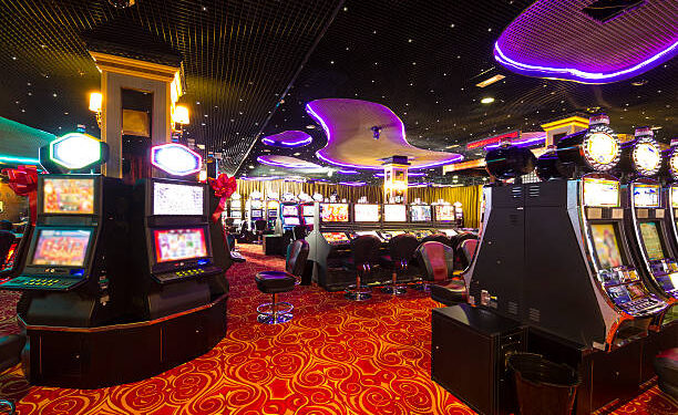 A Slot machines room in an empty Casino.