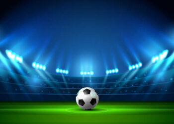 soccer football stadium spotlight and ball background with glitter light vector
