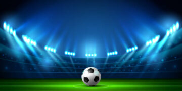 soccer football stadium spotlight and ball background with glitter light vector
